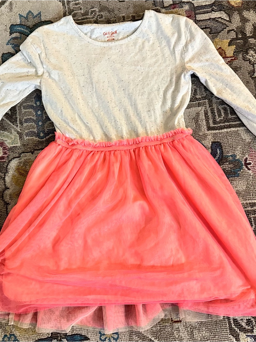 Cat & Jack Girls Tulle Dress Long Sleeve Confetti Knit Coral Pink Skirt XL 14/16